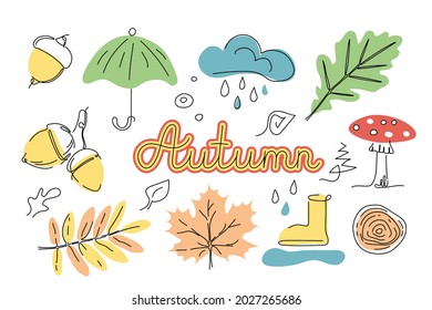 Line drawing vector autumn leaves and symbols. Spots foliage rowan, oak, maple. Minimalism outline art on color spots. Magic fall