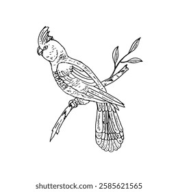 Line drawing vector cartoon of a cockatoo perched on a leafy branch.