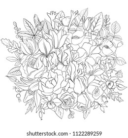 line drawing vector floral composition with flowers, buds and leaves, coloring page for adult, hand drawn illustration