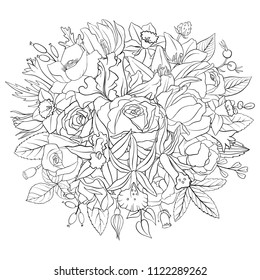 line drawing vector floral composition with flowers, buds and leaves, coloring page for adult, hand drawn illustration