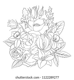 line drawing vector floral composition with flowers, buds and leaves, coloring page for adult, hand drawn illustration