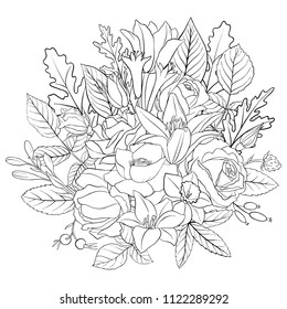 line drawing vector floral composition with flowers, buds and leaves, coloring page for adult, hand drawn illustration