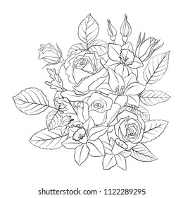 line drawing vector floral composition with flowers, buds and leaves, coloring page for adult, hand drawn illustration