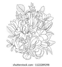 line drawing vector floral composition with flowers, buds and leaves, coloring page for adult, hand drawn illustration