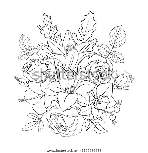 Line Drawing Vector Floral Composition Flowers Stock Vector (Royalty ...