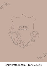 vectorial de línea Heralseca floral con flores de jazmín dibujadas a mano, plantas, ramas, hierbas. Ilustración botánica. Logo de la hoja. Invitación a la boda