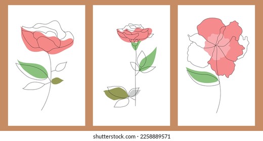 Line Drawing Vector Flowers Print Set. Botanical Poster. Modern Single Line Art, Wall Art Posters, t-shirt Print, Continuous Line Drawing