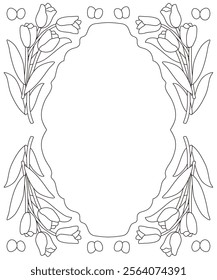 Line drawing vector frame of tulips and butterflies