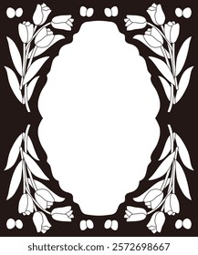 Line drawing vector frame of tulips and butterflies
