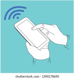 line drawing vector of Hands holding phones, smartphones and touch on the screen to send Wifi internet signals