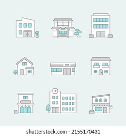 Line drawing vector icon set of various buildings