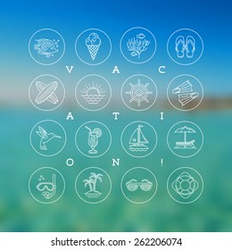 Line drawing vector icons - Summer vacation, holidays and travel signs and symbols