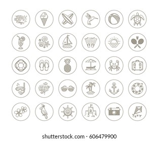 Line drawing vector icons - Summer vacation, holidays and travel objects, items, signs and symbols