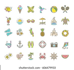 Line drawing vector icons - Summer vacation, holidays and travel objects, items, signs and symbols