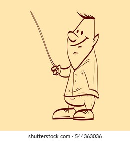 Line drawing vector illustration of an average guy presenting with a pointer