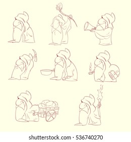 Line drawing vector illustration of a Cartoon dwarfs, elfs or gnomes