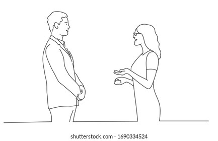 Line drawing vector illustration of couple talking to each other. Business people. Line drawing vector illustration.