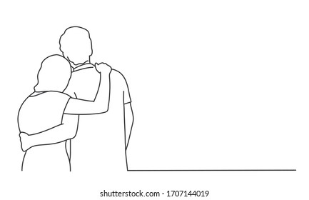 Line drawing vector illustration of couple hugging. Rear view.