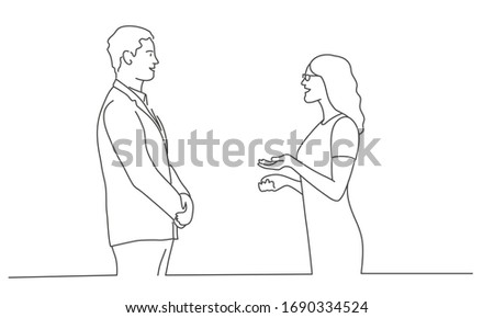 Line drawing vector illustration of couple talking to each other. Business people. Line drawing vector illustration.