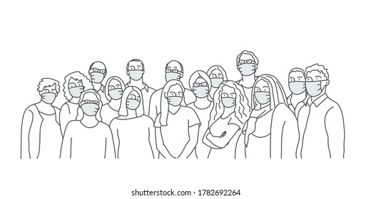 Line drawing vector illustration. Crowd of people wearing protective masks.