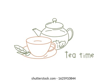 Line drawing vector illustration of cup and saucer with teapot. Tea time card.