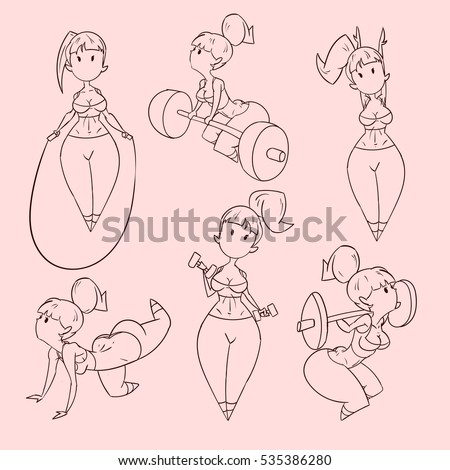 Line drawing vector illustration of a cute cartoon fitness girl training in the gym