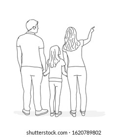 Line drawing vector illustration of daughter, father and mother pointing at empty space.