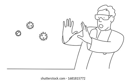 Line drawing vector illustration of doctor over afraid and terrified with fear expression stop gesture with hands, shouting in shock. Panic concept.