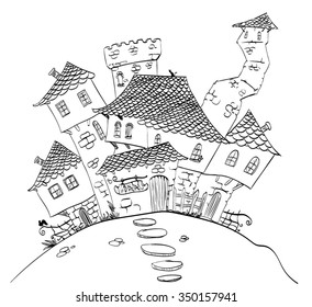 Line drawing vector illustration of a fantasy or medieval village.