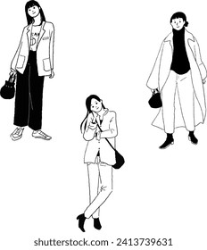 Line drawing vector illustration of a fashionable woman