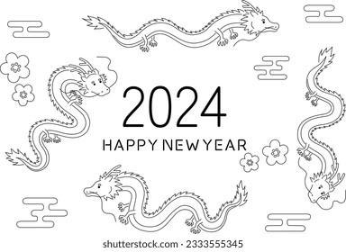 Line drawing vector illustration of four dragons in the year of the dragon for New Year's cards