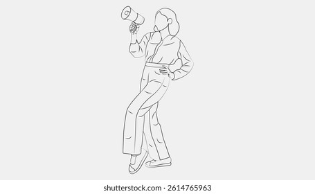 Line drawing vector illustration of a girl wearing a western dress making an announcement with a hand microphone.