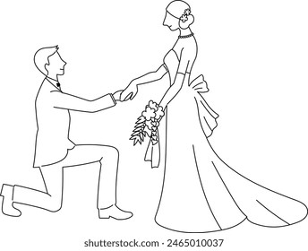 A line drawing vector illustration of a groom kneeling down and taking his bride's hand, viewed from the side.