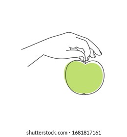 Line drawing vector illustration of hand holding an apple.