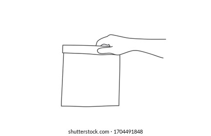 Line drawing vector illustration hand holding empty paper bag  Delivery service concept 