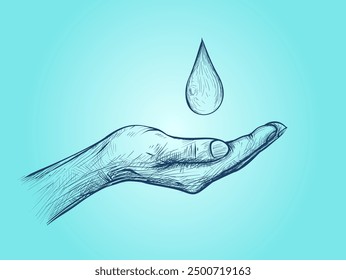 Line Drawing Vector Illustration of a Hand Saving Water Drop. Hand-Drawn Sketch of Save Water Concept on Isolated Background