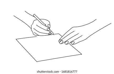 Line drawing vector illustration of hands writing letter