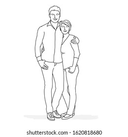 Line drawing of vector illustration of happy couple stand hugging each other.