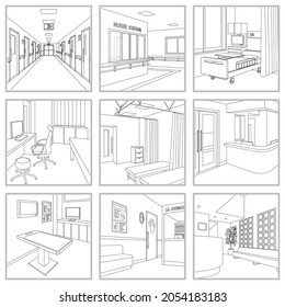 Line Drawing Vector Illustration Of The Hospital.