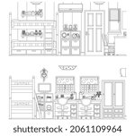 Line drawing vector illustration of the Interior. Kids room.