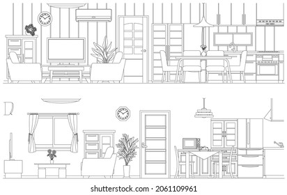 Ilustración vectorial de dibujo de línea del interior. Sala de estar. Cocina. Comedor.