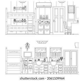 Line drawing vector illustration of the Interior. Kids room.