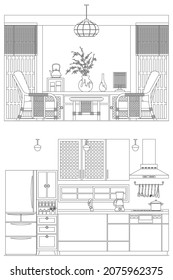 Linienzeichnung, Vektorgrafik des Innenraums. Küche und Wohnzimmer.