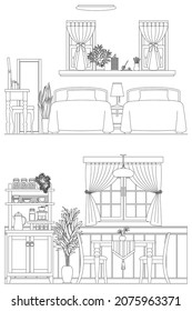 Ilustración vectorial de dibujo de línea del interior. Comedor y dormitorio.