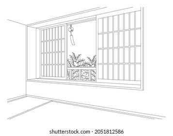 Line drawing vector illustration of the japanese-style room.