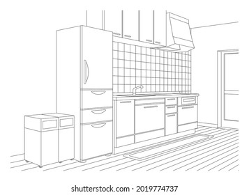 Line drawing vector illustration of the kitchen.
