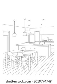 Line drawing vector illustration of the kitchen.