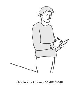 Line drawing vector illustration of man recording information.