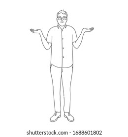 Line drawing vector illustration of man shrugs and spreads his hands. Gesture oops, sorry or I do not know.