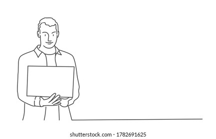 Line drawing vector illustration of man or student using laptop.